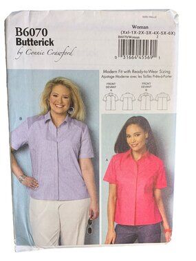 Butterick Misses Top Shirt Sewing Pattern Size XX1 2X 3X 4X 5X 6X B6070 Uncut